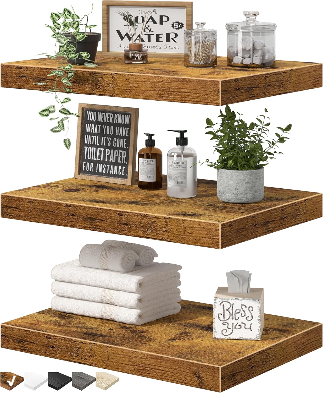 QEEIG 3 Piece 10 Inch Floating Shelves - Rustic Brown