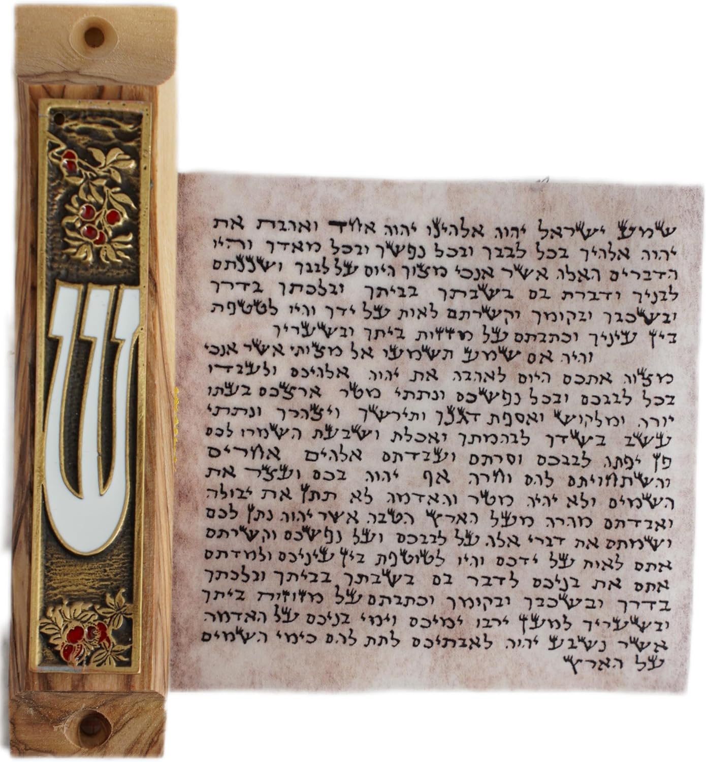 Traditional Handmade Olive Wood Mezuzah Case with Enamel Plate and Non-Kosher Scroll