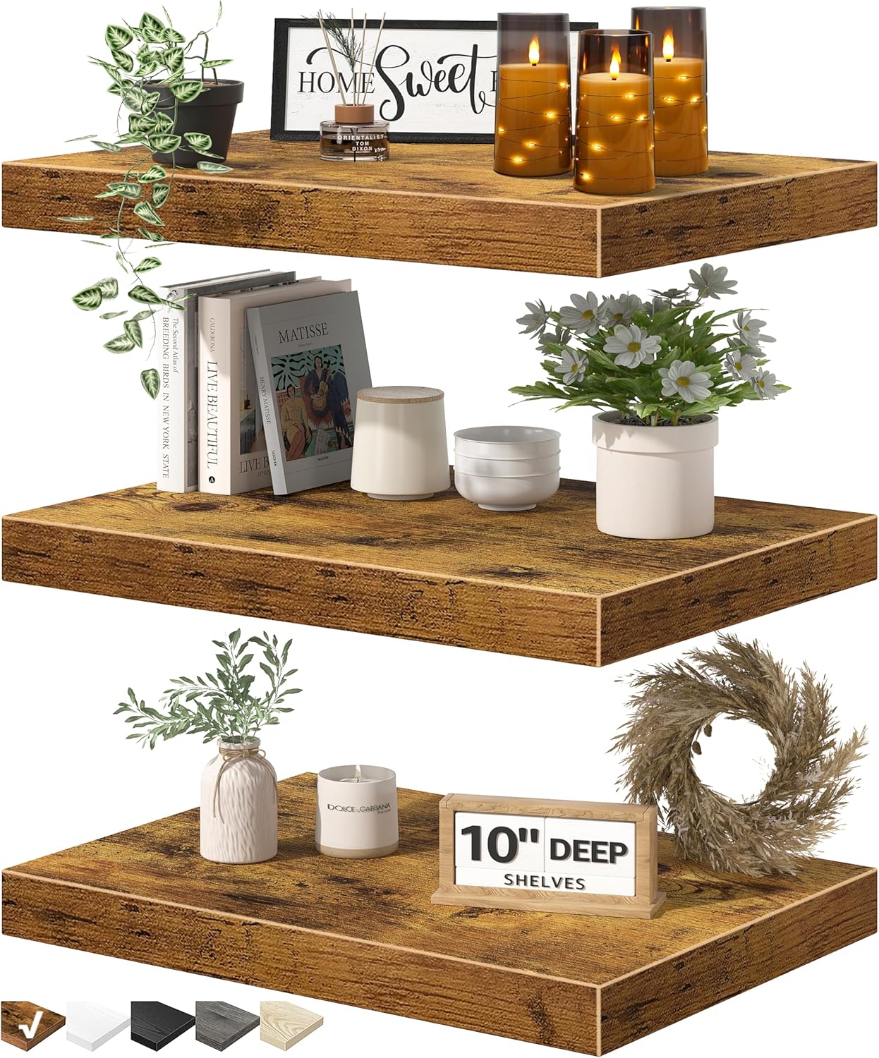 QEEIG 3 Piece 10 Inch Floating Shelves - Rustic Brown