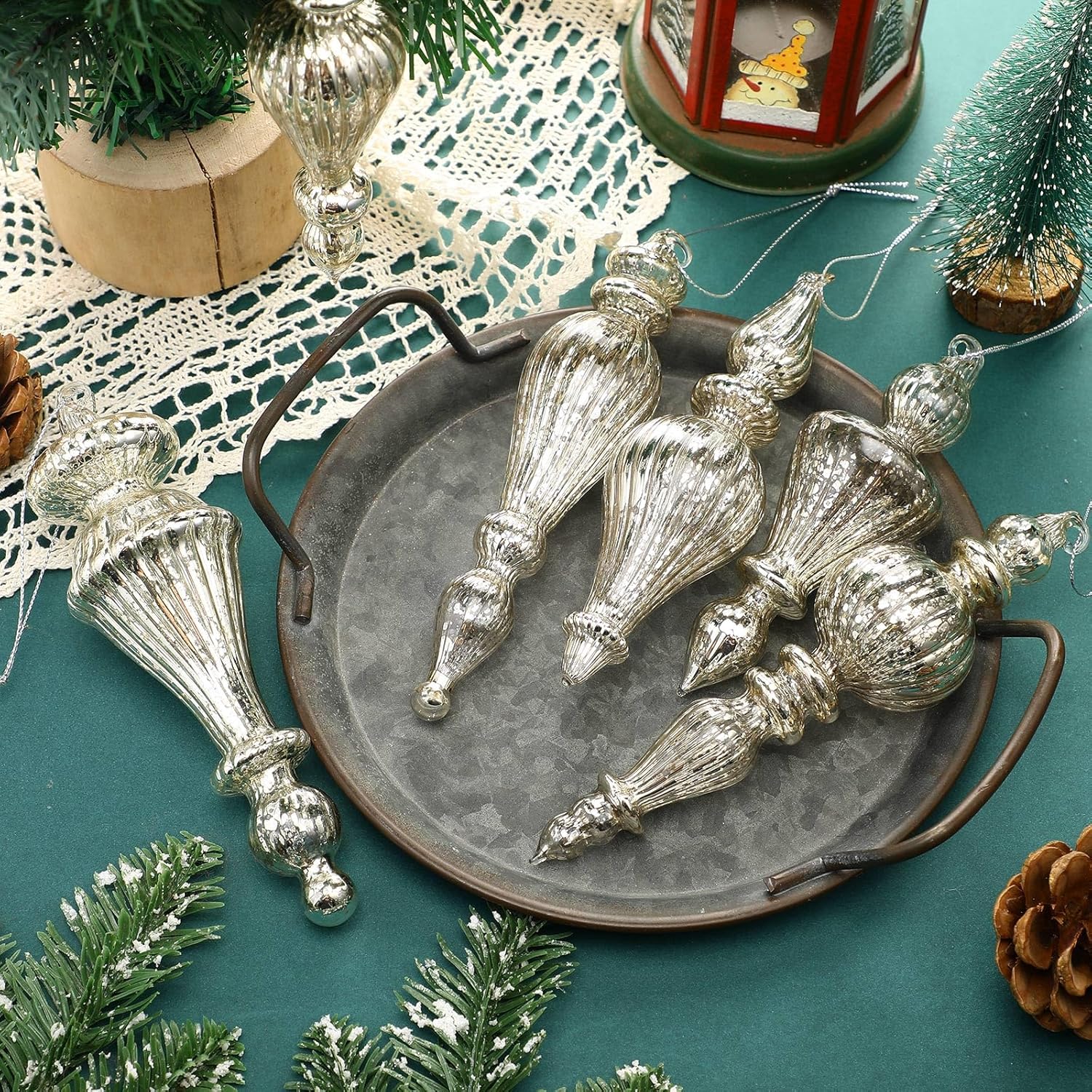 6 Pcs Silver Crystal Glass Christmas Finials Hanging Decorations
