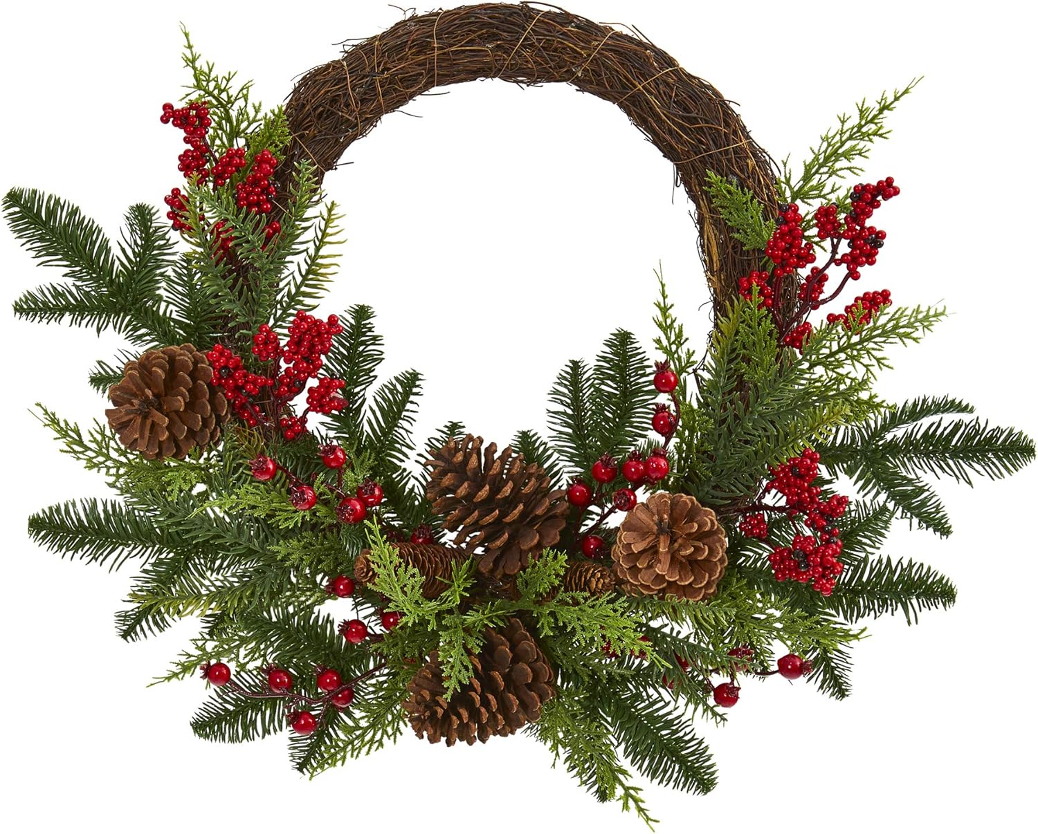 Nearly Natural 22in Mixed Cedar Berries Pine Cones Artificial Wreath