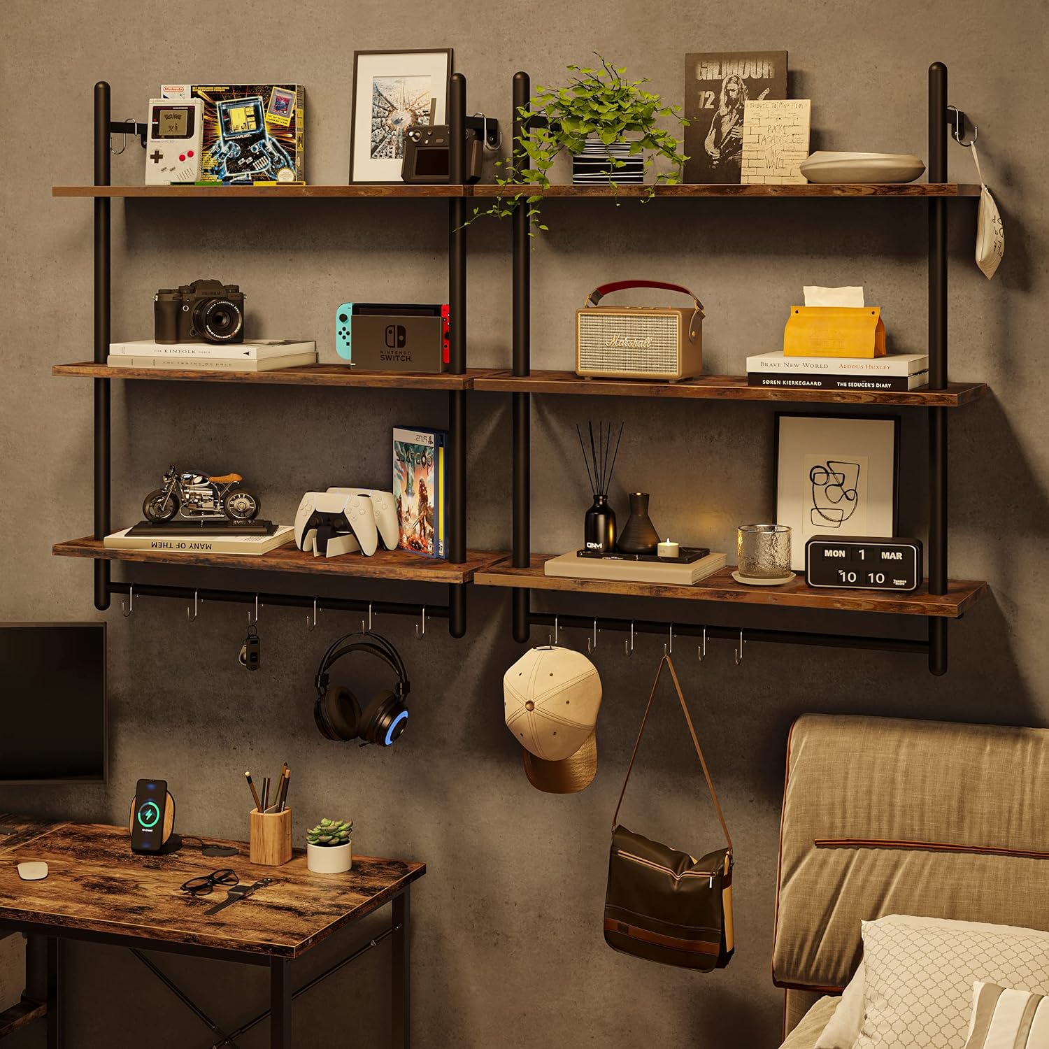 Bestier 3 Tier Floating Wall Shelving with Towel Bar