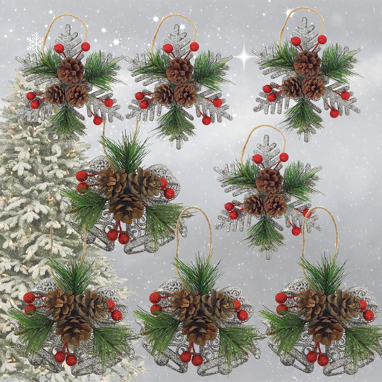 Pinecone Berry Christmas Ornaments Set of 8