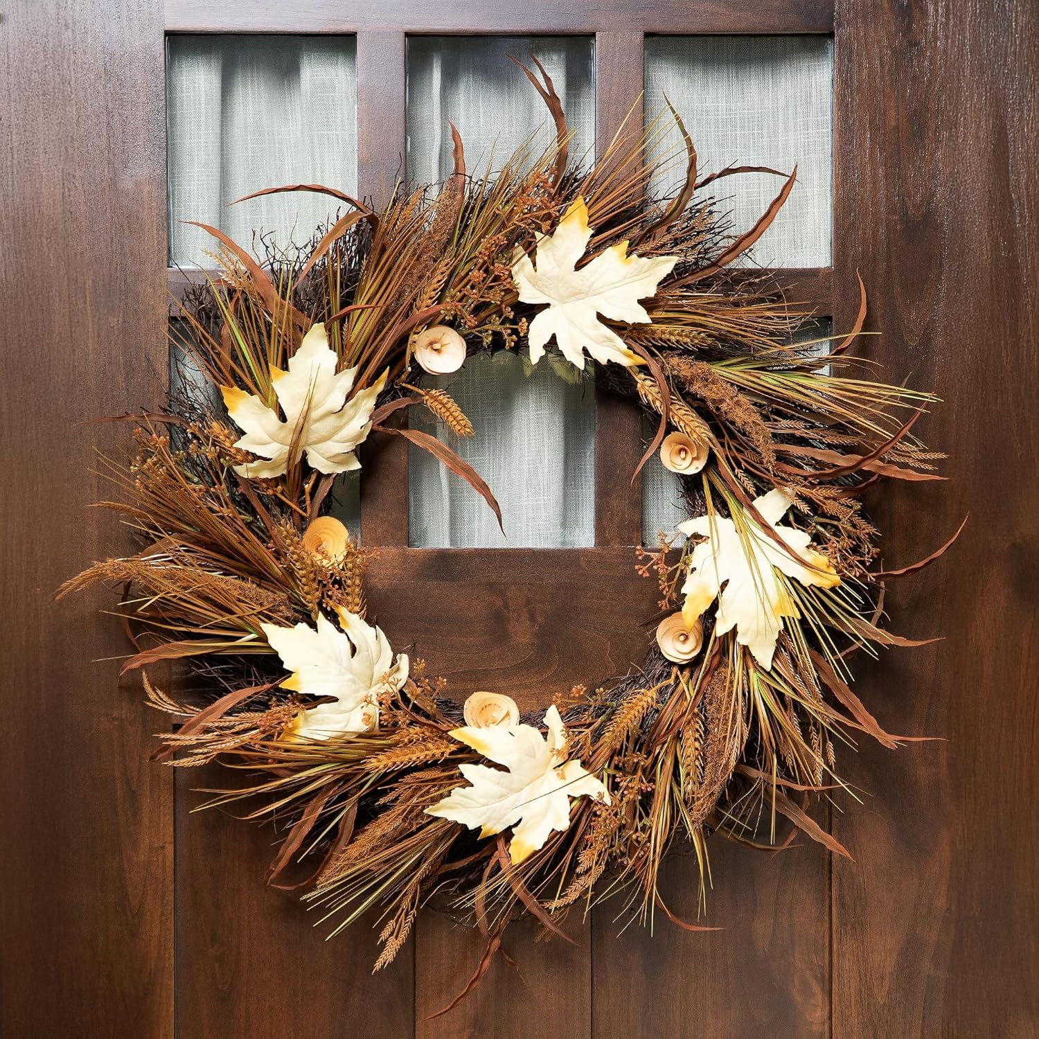 Northlight Autumn Harvest Cattail and Wheat Artificial Wreath Unlit 24 Inch Brown