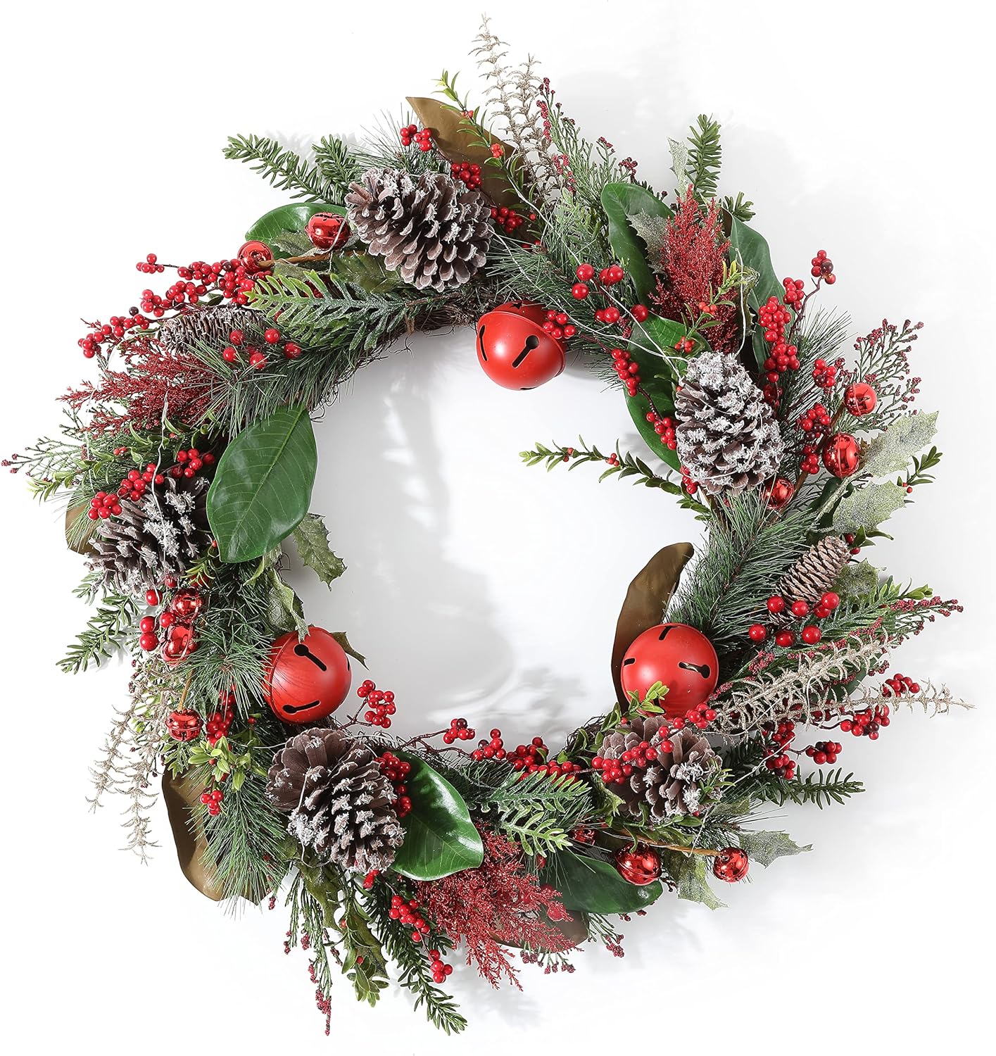 SAFAVIEH 30 Inch Myrtle Wreath with Red Bells and LED Lights