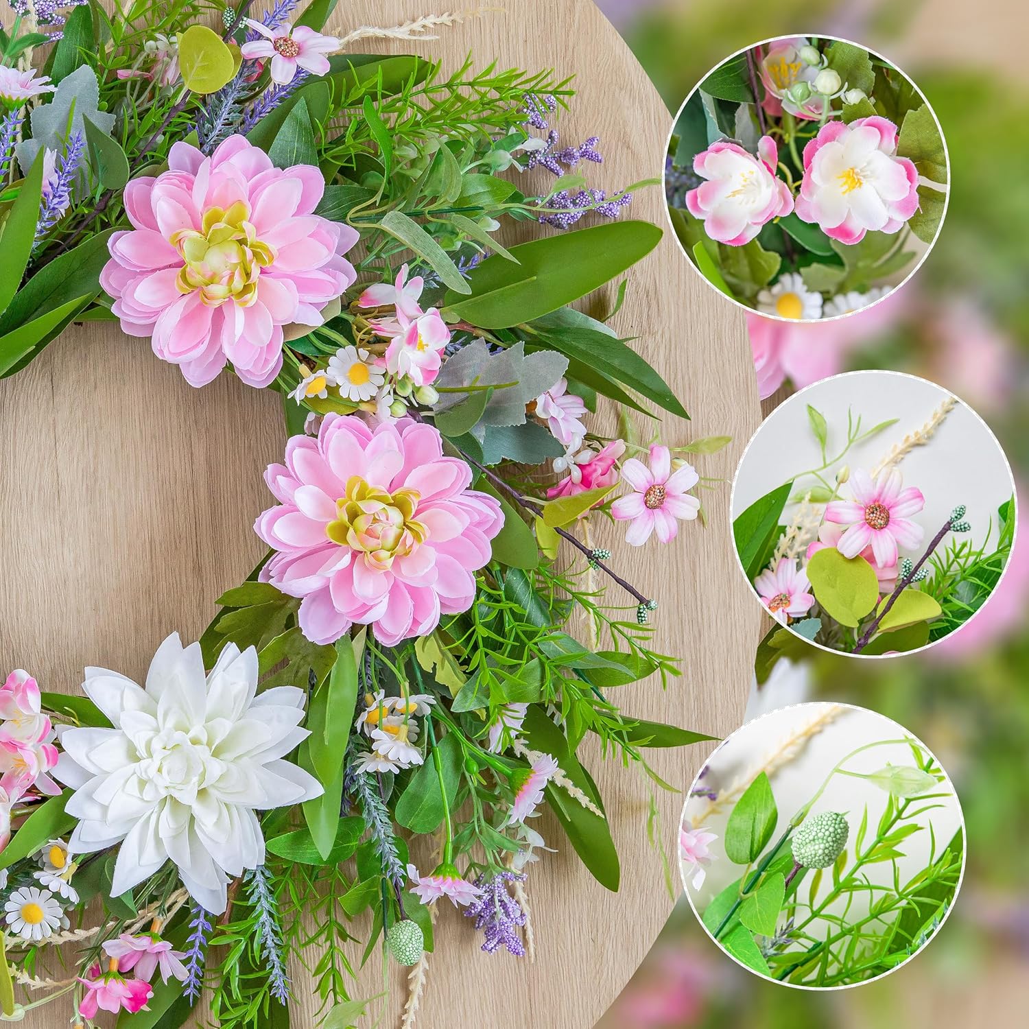 20 Inch Pink Dahlia Artificial Spring Wreath for Front Door